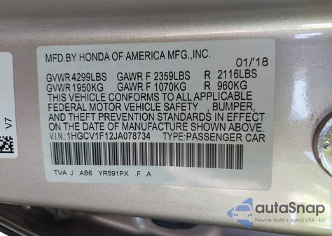 2018 Honda Accord Lx из США, поврежденный, VIN 1HGCV1F12JA078734